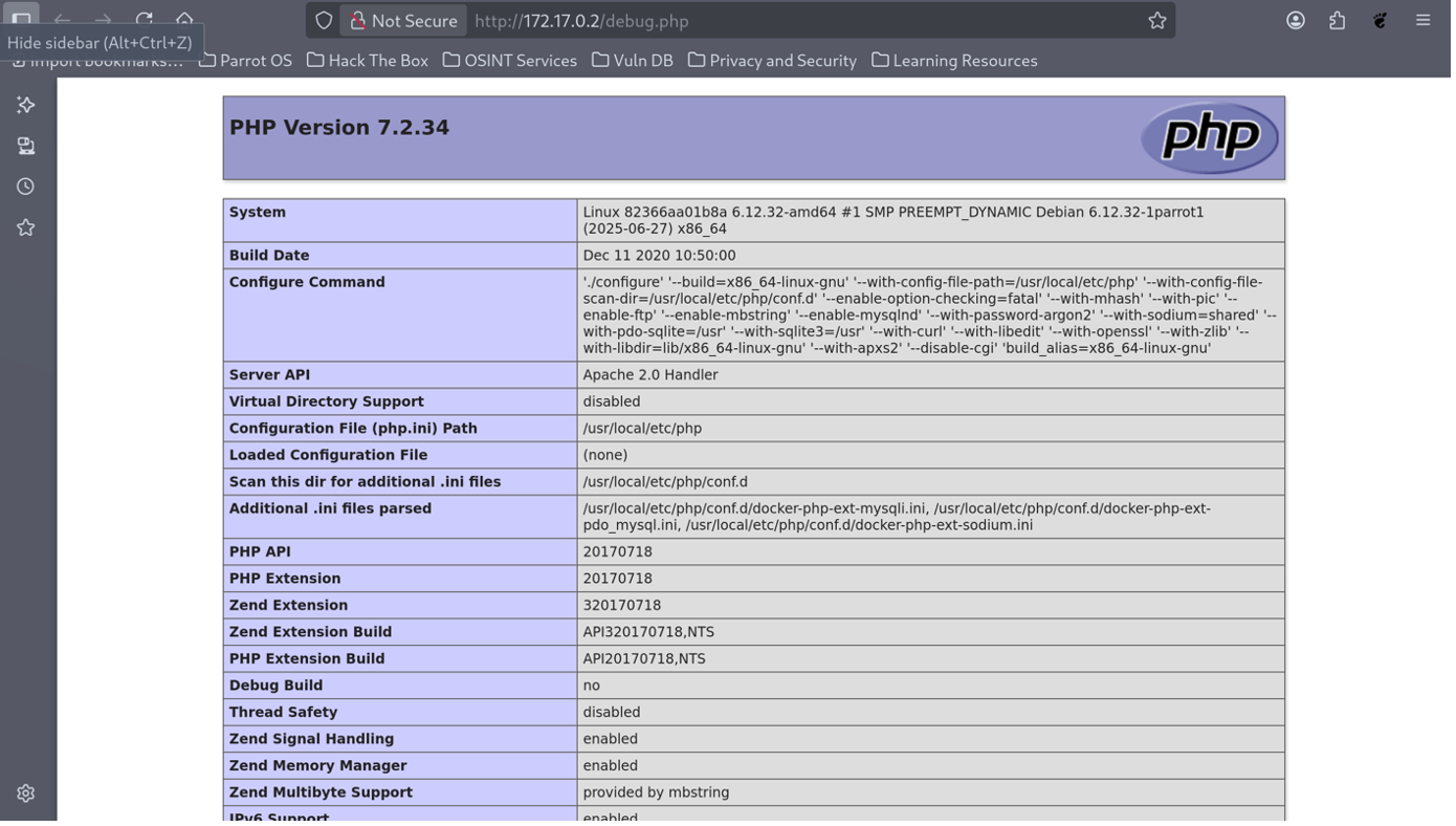 phpinfo() output exposed via debug.php