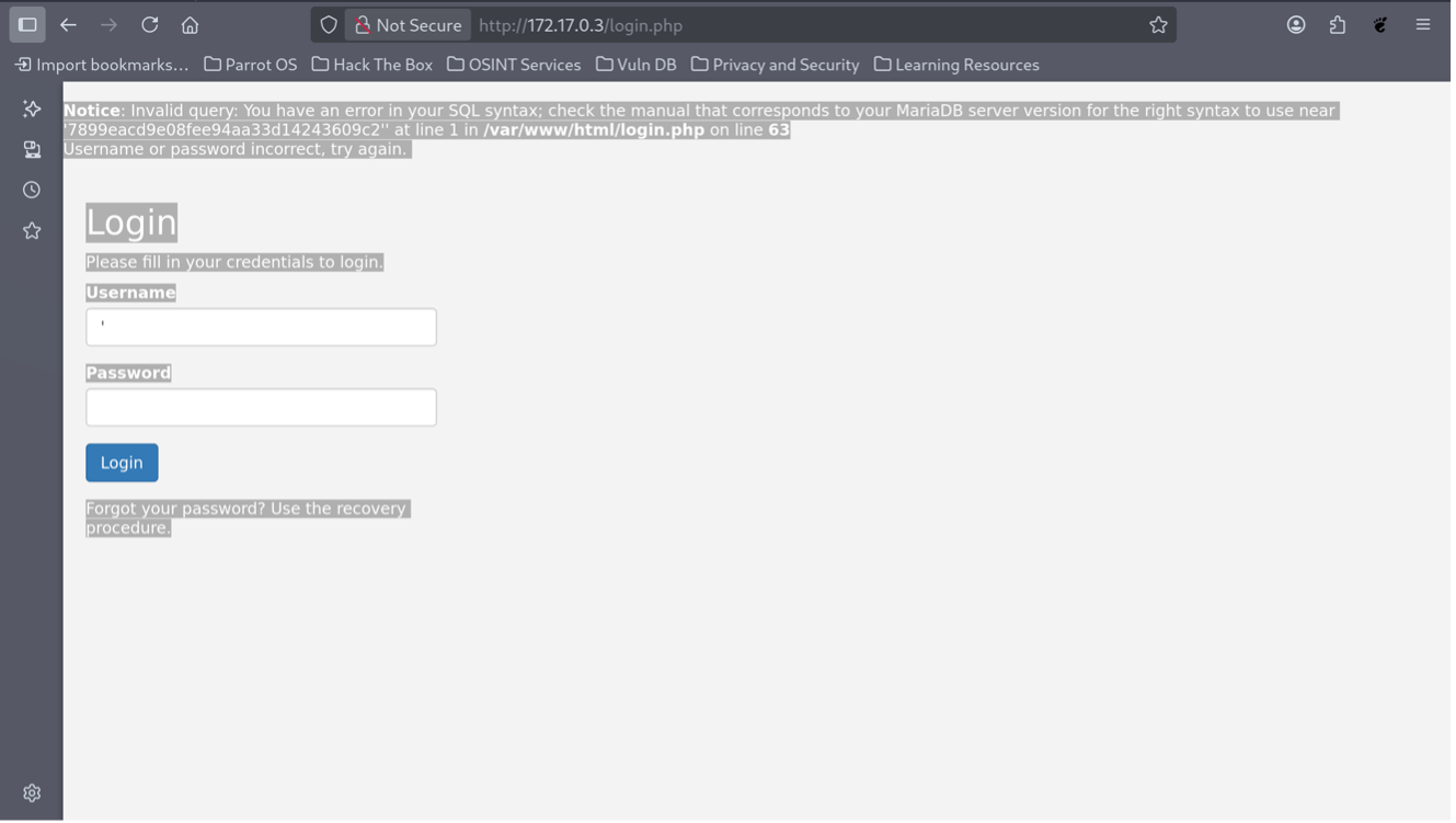 SQL error message leaking MariaDB backend