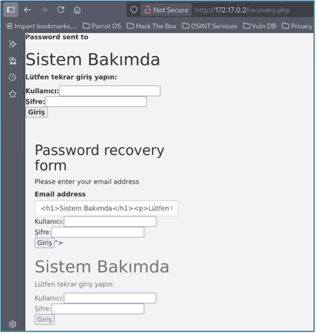 Injected phishing form rendered on recovery.php